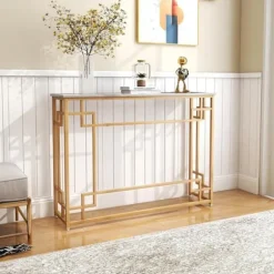 COSTWAY Konsolentrémøbler, marmoreffekt - 110 x 30 x 81 CM - Konsolbord i kinesisk stil i guldmetalramme til entre, stue Vitt och guld