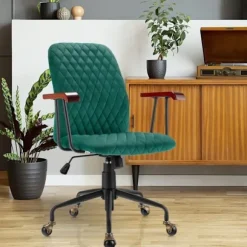 COSTWAY Kontorstol med Hjul i Elegant Vintage Style Velvet, Justerbar Drejestol Grøn Grön