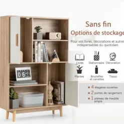 COSTWAY 4-lags bogreol 80 x 24 x 120 CM, opbevaringsenhed med døre, hylder og anti-vippeenhed, hvid Naturlig