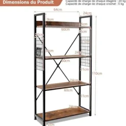 COSTWAY 4-lags industriel reol, 64 x 24 x 110 CM, opbevaringshylde med justerbare kroge/fodpuder Kaffe