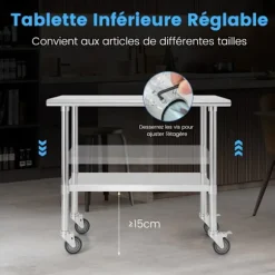 COSTWAY 2-lags køkkenbordplade i rustfrit stål med 4 PU-hjul og justerbar nederste bakke, belastning 250 kg