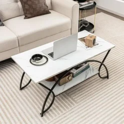 COSTWAY 2-lags sofabord med marmortryk 100x50x45 CM, stuebord med sort metalstel, justerbare trædepuder Vit och svart