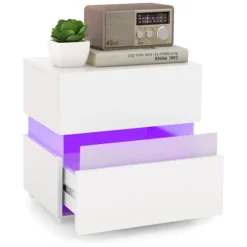 COSTWAY LED sengebord 2 skuffer, fjernbetjent 22 tilstande 5 lysstyrke 10 hastigheder, akrylpaneler, 45 x 35 x45 cm, hvid