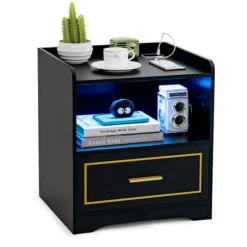 COSTWAY LED sengebord med 1 TYPE-C + 1 USB, 3 lysfarver, Smart Sensor, 45 x 40 x 50 cm, Sort Vit
