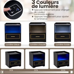 COSTWAY LED sengebord med 1 TYPE-C + 1 USB, 3 lysfarver, Smart Sensor, 45 x 40 x 50 cm, Sort Vit
