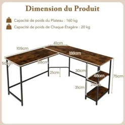 COSTWAY L-formet computerhjørneskrivebord 138 cm, industrielt med carbonstålramme, 2-lags hylde, brun
