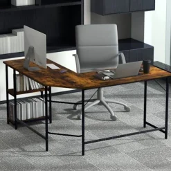 COSTWAY L-formet computerhjørneskrivebord 138 cm, industrielt med carbonstålramme, 2-lags hylde, brun