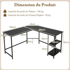 COSTWAY L-formet Computerhjørnebord 138 CM, Industrielt med Stålramme, 2-niveau Hylde, Sort