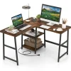COSTWAY L-formet skrivebord med stikkontakter og USB-porte, 120 x 120 x 75 cm, opbevaringshylder, metalramme, brun