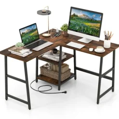 COSTWAY L-formet skrivebord med stikkontakter og USB-porte, 120 x 120 x 75 cm, opbevaringshylder, metalramme, brun