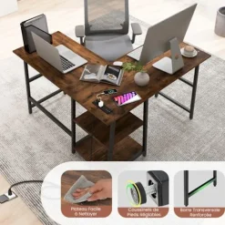 COSTWAY L-formet skrivebord med stikkontakter og USB-porte, 120 x 120 x 75 cm, opbevaringshylder, metalramme, brun