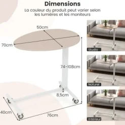 COSTWAY Lille mobilt barbord, højdejusterbart 74-108 cm, sidde-stå skrivebord med låsehjul - oval top