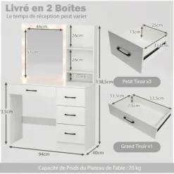 COSTWAY Makeup Bord med Spejl, 3-Farvet LED Lys, Opladningsstation, Justerbar Lysstyrke, 4 Skuffer, Hårtørrerholder Vit