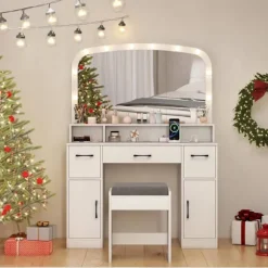 COSTWAY Makeupbord med Håndholdt Spejl Hollywood Lysende LED Justerbare, Opladningsstation Hvid