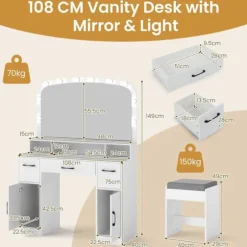 COSTWAY Makeupbord med Håndholdt Spejl Hollywood Lysende LED Justerbare, Opladningsstation Hvid