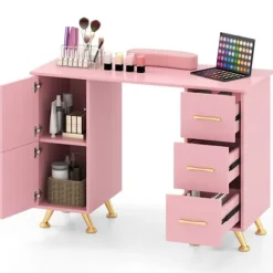 COSTWAY Manicurebord - 3 Skuffer og 2 Skabe, Aftageligt Håndledspude 108x45x76 CM Ideel til Neglesalon Pink, Guld
