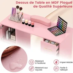 COSTWAY Manicurebord - 3 Skuffer og 2 Skabe, Aftageligt Håndledspude 108x45x76 CM Ideel til Neglesalon Pink, Guld