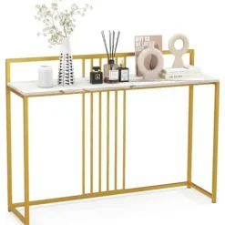 COSTWAY Marmor Print Console Bord - 120 x 32,5 x 88 CM - Guld Metalramme Moderne skandinavisk stil Gangmøbler Vit + guld