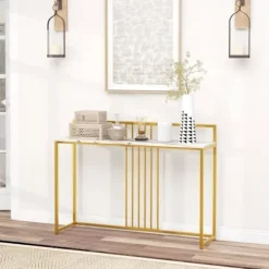 COSTWAY Marmor Print Console Bord - 120 x 32,5 x 88 CM - Guld Metalramme Moderne skandinavisk stil Gangmøbler Vit + guld