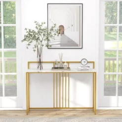 COSTWAY Marmor Print Console Bord - 120 x 32,5 x 88 CM - Guld Metalramme Moderne skandinavisk stil Gangmøbler Vit + guld