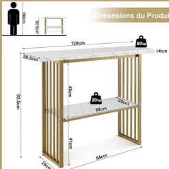 COSTWAY Marmoreffekt Consolebord - 2 Niveauer 120 x 29,5 x 92,5 cm (L x b x H) Guld metalramme - Skandinavisk stil Guld