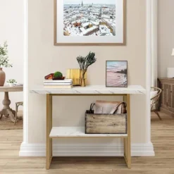 COSTWAY Marmoreffekt Consolebord - 2 Niveauer 120 x 29,5 x 92,5 cm (L x b x H) Guld metalramme - Skandinavisk stil Guld