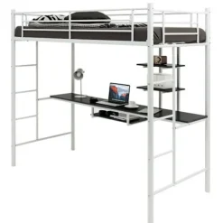 COSTWAY Metal Mezzanin med Skrivebord, 90 x 190 CM, med 2 Hylder, 2 Stiger, Gelænder over Hele Længden, Hvid Vit