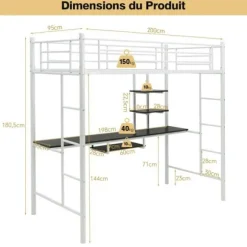COSTWAY Metal Mezzanin med Skrivebord, 90 x 190 CM, med 2 Hylder, 2 Stiger, Gelænder over Hele Længden, Hvid Vit
