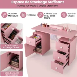COSTWAY Mobil Manicurebord med Støvsuger - 3 Støvposer, Håndledsstøtte, 4 Skuffer 8 Låsebare Hjul Rosa