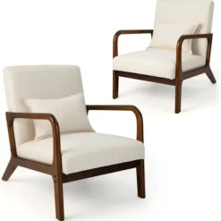 COSTWAY Moderne Gæstestol i Gummitræ med Lændepude, Skridsikre Fødder, 79 x 65 x 77 cm, Beige Beige