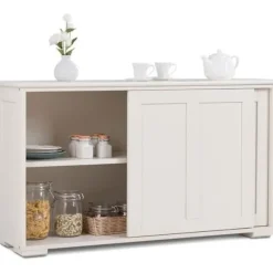 COSTWAY Moderne Køkken Buffet Skab Vitrineskab Lakeret Beige med Skydedør og 2 Hylder i MDF 106,5 x 33 x 60CM Beige