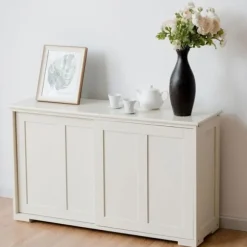 COSTWAY Moderne Køkken Buffet Skab Vitrineskab Lakeret Beige med Skydedør og 2 Hylder i MDF 106,5 x 33 x 60CM Beige