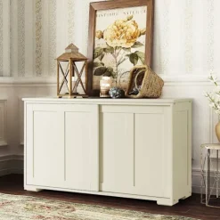 COSTWAY Moderne Køkken Buffet Skab Vitrineskab Lakeret Beige med Skydedør og 2 Hylder i MDF 106,5 x 33 x 60CM Beige