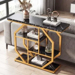 COSTWAY Moderne 4-niveau Entréekonsol, Plader i Marmorimitation, Geometrisk Metalramme 100 x 29,5 x 80 cm (L x B x H)
