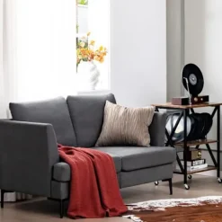 COSTWAY Moderne 2-personers lige sofa - 2 aftagelige puder - L 141 x D 80 x H 72 cm i gråt hørstof