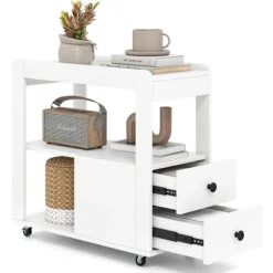COSTWAY Moderne Sidebord med 2 Skuffer og Åbne Hylder - Låsebare Rullende Hjul til Stue 65 x 30 x 62 cm Hvid