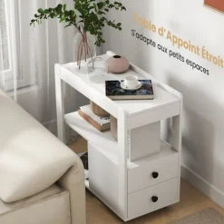 COSTWAY Moderne Sidebord med 2 Skuffer og Åbne Hylder - Låsebare Rullende Hjul til Stue 65 x 30 x 62 cm Hvid