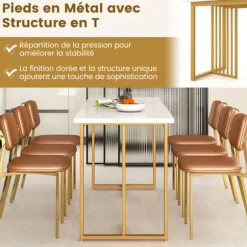 COSTWAY moderne spisebord til 6-8 personer rektangulært 160 CM med imiteret marmorplade, guld- og hvide metalben