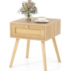 COSTWAY Natbord i rattan, med skuffe og 4 fyrreben, 40 x 40 x 55 cm, natbord, stue, soveværelse, kontor, naturlig Naturlig