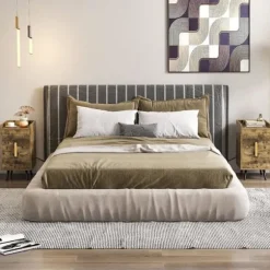 COSTWAY Natbord med 2 Skuffer, 2 USB-porte og 3 stikkontakter, metalben, til soveværelse, stue, 40 x 32 x 60 cm, Brun kastanj