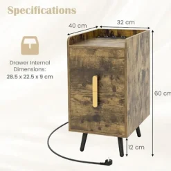 COSTWAY Natbord med 2 Skuffer, 2 USB-porte og 3 stikkontakter, metalben, til soveværelse, stue, 40 x 32 x 60 cm, Brun kastanj