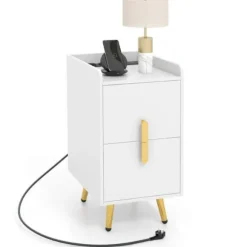 COSTWAY Natbord med 2 Skuffer, 2 USB-porte og 3 stik, metalben, til soveværelse, stue, 40 x 32 x 60 cm, Hvid Vit