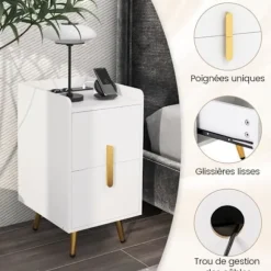 COSTWAY Natbord med 2 Skuffer, 2 USB-porte og 3 stik, metalben, til soveværelse, stue, 40 x 32 x 60 cm, Hvid Vit
