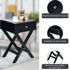 COSTWAY Natbord, Sidebord med X-formet Base, Moderne Stil, med Sort Opbevaringsskuffe Svart