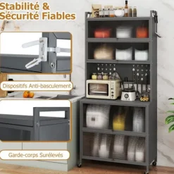 COSTWAY 6-niveau køkkenbuffet med lys, fløjdøre, perforeret panel, kroge, 4 hjul eller justerbare ben, sort Svart