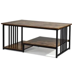 COSTWAY 2-niveau sofabord, 2 opbevaringshylder, rektangulært sidebord 110 x 60 x 45 cm til kontor, brun Rustik brun