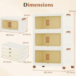 COSTWAY Opbevaringsboks 210 L med Låg, 3 Foldbare Opbevaringskasser, Universelle Hjul med Bremser, til Værelset, Stuen Vit och brun