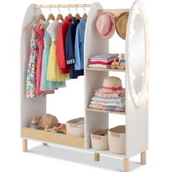 COSTWAY Opbevaringsskab til Børn med Spejl og Lys - Åben Garderobe med Hylder og Krog, 91 x 28 x 110 cm