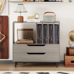 COSTWAY Opbevaringsstand til Vinylplader med 2 Skuffer, 5 Rum, 4 Hylder, til Stuen, Musikrum Grå