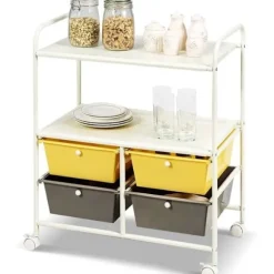 COSTWAY opbevaringstårn, vogn på hjul - 4 skuffer og 2 hylder 63,5 x 37 x 75 CM metalramme i gul og brun farve